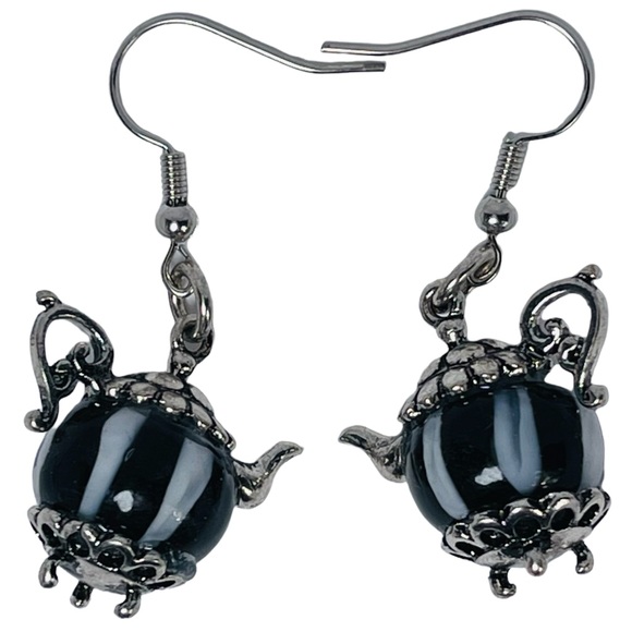 Striped glass black & white teapot dangly charm earrings NEW - Picture 1 of 7